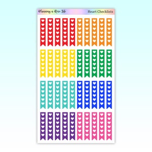 Puede incluir: Una hoja de listas de verificaci&oacute;n de corazones de colores. Cada lista de verificaci&oacute;n es de un color diferente, incluyendo rojo, naranja, amarillo, verde, turquesa, azul, morado y rosa. Cada lista de verificaci&oacute;n tiene iconos de coraz&oacute;n blancos. La parte superior de la hoja dice "Planning a Rosie Life" y "Heart Checklists".