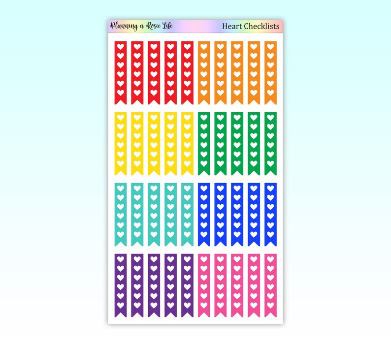 Puede incluir: Una hoja de listas de verificaci&oacute;n de corazones de colores. Cada lista de verificaci&oacute;n es de un color diferente, incluyendo rojo, naranja, amarillo, verde, turquesa, azul, morado y rosa. Cada lista de verificaci&oacute;n tiene iconos de coraz&oacute;n blancos. La parte superior de la hoja dice "Planning a Rosie Life" y "Heart Checklists".