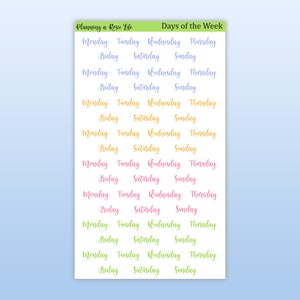 May include: A sheet of printable planner stickers with the days of the week written in different colors. The days of the week are written in a cursive font. The stickers are perfect for planning your week and keeping track of your schedule.