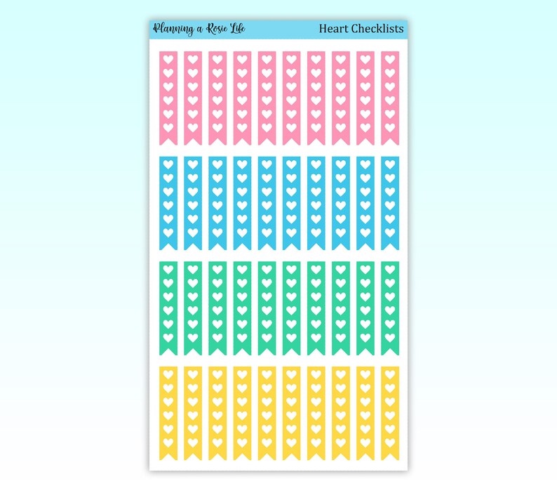 Puede incluir: Una hoja de listas de verificaci&oacute;n de coraz&oacute;n coloridas. Las listas de verificaci&oacute;n son de color rosa, azul, verde y amarillo, cada una con iconos de coraz&oacute;n blancos. La parte superior de la hoja tiene el texto "Planning a Rosie Life" y "Heart Checklists".