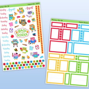 May include: A printable planner sticker kit with a back to school theme. The kit includes a calendar, daily boxes, and various stickers featuring owls, school supplies, and the text "Back to School".