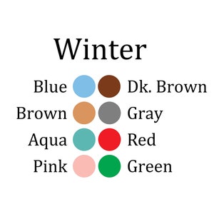 Pode incluir: Um fundo branco com a palavra "Winter" em preto, com uma fonte elegante. Abaixo, os nomes das cores s&atilde;o listados com c&iacute;rculos coloridos correspondentes: Azul, Castanho, Aqua, Rosa, Castanho Escuro, Cinzento, Vermelho e Verde.