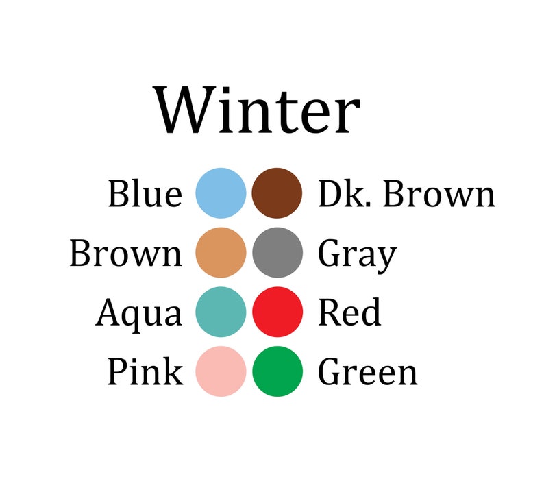 Pode incluir: Um fundo branco com a palavra "Winter" em preto, com uma fonte elegante. Abaixo, os nomes das cores s&atilde;o listados com c&iacute;rculos coloridos correspondentes: Azul, Castanho, Aqua, Rosa, Castanho Escuro, Cinzento, Vermelho e Verde.