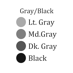 Pode incluir: Um gr&aacute;fico de paleta de cores com cinco amostras de cores: cinza/preto, cinza claro, cinza m&eacute;dio, cinza escuro e preto. Cada cor &eacute; representada por um c&iacute;rculo preenchido com o nome da cor ao lado em texto preto.