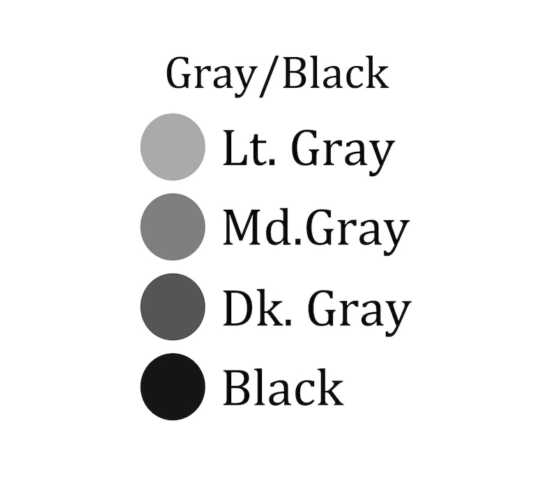 Pode incluir: Um gr&aacute;fico de paleta de cores com cinco amostras de cores: cinza/preto, cinza claro, cinza m&eacute;dio, cinza escuro e preto. Cada cor &eacute; representada por um c&iacute;rculo preenchido com o nome da cor ao lado em texto preto.