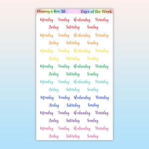May include: A sheet of colorful planner stickers with the days of the week written in a handwritten font. The stickers are in a rainbow gradient of colors, starting with red and ending with pink.