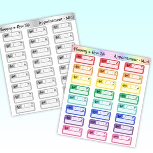 May include: Two sheets of colorful appointment stickers with the text "Planning a Rosie Life" and "Appointment - Mini". The stickers are in various colors, including red, orange, yellow, green, blue, purple, and pink. Each sticker has a blank space for writing an appointment.
