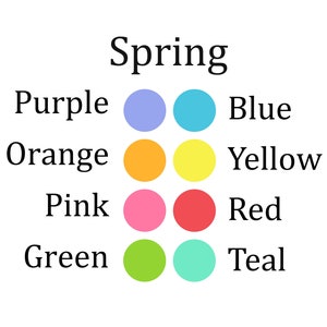 Pode incluir: Um fundo branco com a palavra "Spring" em texto preto. Abaixo, amostras de cores com as cores roxo, azul, laranja, amarelo, rosa, vermelho, verde e verde-azulado, cada uma rotulada com seu nome de cor.