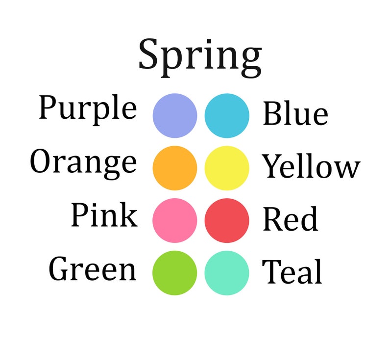Pode incluir: Um fundo branco com a palavra "Spring" em texto preto. Abaixo, amostras de cores com as cores roxo, azul, laranja, amarelo, rosa, vermelho, verde e verde-azulado, cada uma rotulada com seu nome de cor.