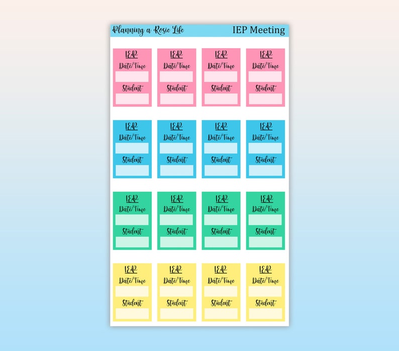 May include: A set of 12 colorful printable stickers for planning IEP meetings. Each sticker has a space for the date and time, student name, and the year 2042. The stickers are in pink, blue, green, and yellow.
