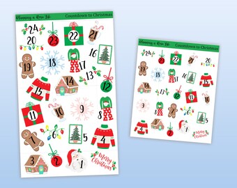 May include: Two sheets of Christmas countdown stickers featuring festive icons like gingerbread people, ornaments, holiday sweaters, snowflakes, and Christmas trees. Each icon is numbered from 1 to 24, with the text Planning a Rosie Life Countdown to Christmas.