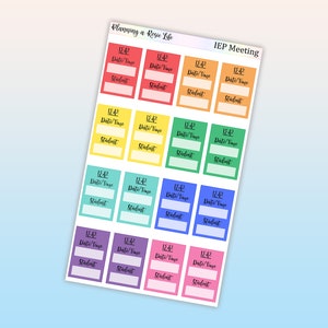 May include: A set of 16 colorful stickers for planning IEP meetings. Each sticker has a space for the date, time, and student's name. The stickers are in shades of red, orange, yellow, green, blue, purple, and pink.