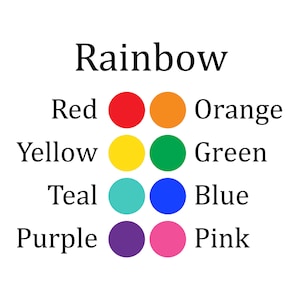 Pode incluir: Fundo branco com a palavra "Rainbow" em texto preto. Abaixo, uma tabela de cores exibe as cores do arco-&iacute;ris: vermelho, laranja, amarelo, verde, azul-turquesa, azul, roxo e rosa, cada uma combinada com seu nome.