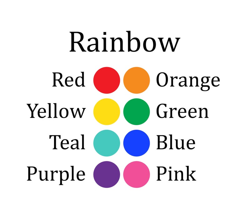 Pode incluir: Fundo branco com a palavra "Rainbow" em texto preto. Abaixo, uma tabela de cores exibe as cores do arco-&iacute;ris: vermelho, laranja, amarelo, verde, azul-turquesa, azul, roxo e rosa, cada uma combinada com seu nome.