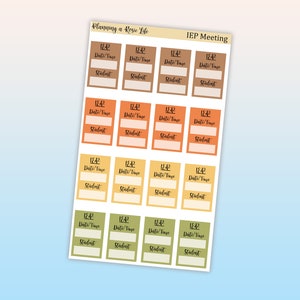 May include: A sheet of printable stickers with a colorful design. The stickers are for planning IEP meetings and feature the text "IEP Meeting" and "Planning a Rosie Life".