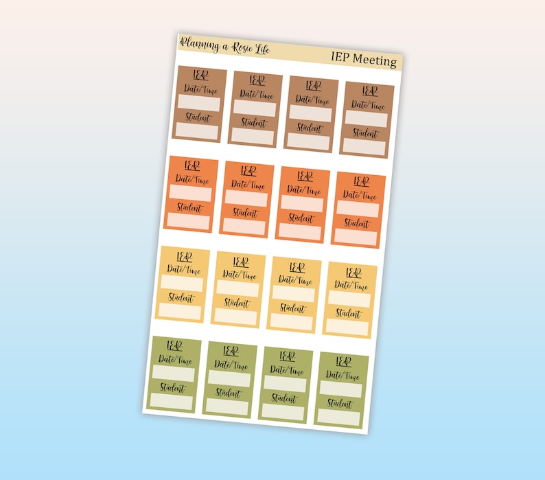 May include: A sheet of printable stickers with a colorful design. The stickers are for planning IEP meetings and feature the text "IEP Meeting" and "Planning a Rosie Life".