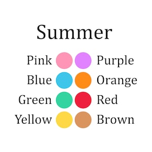 Pode incluir: Fundo branco com a palavra &laquo;Summer&raquo; em preto. Abaixo, uma lista de cores: Rosa, Roxo, Azul, Laranja, Verde, Vermelho, Amarelo e Castanho, cada uma representada por um c&iacute;rculo colorido.