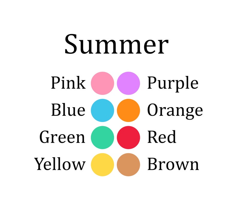 Pode incluir: Fundo branco com a palavra &laquo;Summer&raquo; em preto. Abaixo, uma lista de cores: Rosa, Roxo, Azul, Laranja, Verde, Vermelho, Amarelo e Castanho, cada uma representada por um c&iacute;rculo colorido.