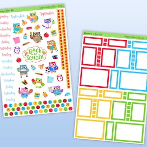 May include: Two sticker sheets with a back-to-school theme. One sheet features owls, school supplies, and the text "Back to School." The other sheet has boxes in red, blue, green, and yellow. The stickers are for the month of September.