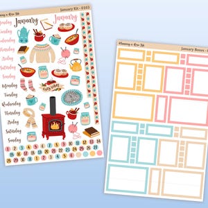 May include: Two sticker sheets with a winter theme. One sheet features illustrations of a teapot, sweater, soup, and a red stove. The other sheet has boxes in pastel colors for planning. Text includes "January" and "Cozy vibes."