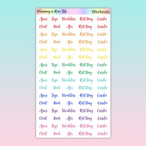 May include: A set of colorful printable workout stickers with the text "Planning a Rosie Life" and "Workouts". The stickers include the words "Arms", "Legs", "Shoulders", "Chest", "Back", "Abs", "Rest Day", and "Cardio".