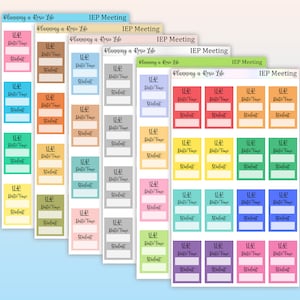 May include: A set of colorful printable planner stickers with the text "IEP Meeting" and "Planning a Rosie Life". Each sticker has space to write the date, time, and student name.
