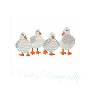 Könnte beinhalten: Vier weiße Entenküken mit orangefarbenen Schnäbeln und Füßen stehen in einer Reihe. Sie sind nach vorne gerichtet und haben ein flauschiges Aussehen.