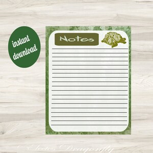 May include: Printable lined paper with a green and white background. The paper has a green border and a green turtle illustration. The text "Notes" is written in a green box at the top of the page.