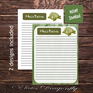May include: Two printable note paper designs featuring a green turtle illustration and the word "Notes" in a green box. The designs are on a green background with a white border. The text "Instant Download" is on a green square.