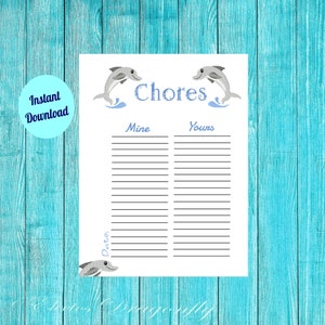 Dolphin Chore List- Instant Digital Download-Printable PDF File