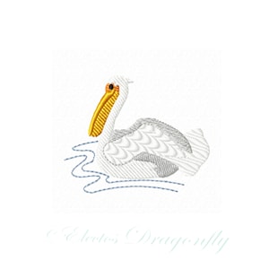May include: White pelican with a yellow beak swimming in blue water. The pelican is facing left and has a grey wing.