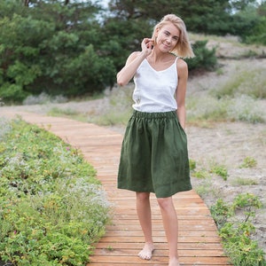 Midi linen skirt MAYA / Forest green linen skirt / High waist linen skirt / Women's linen skirt with pocket / Summer skirt
