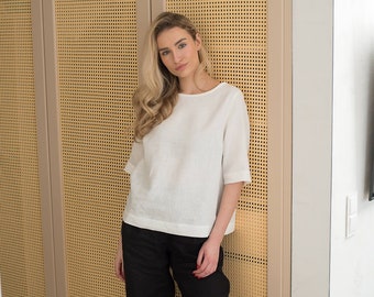 Loose fit linen top Vika / Basic linen top / White Linen blouse / Capsule wardrobe top