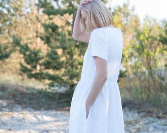 White linen dress MILA / Loose linen dress women's / Casual linen dress / Summer linen dress / Short sleeve dress / Maternity dress