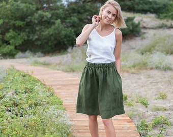 Midi linen skirt MAYA / Forest green linen skirt / High waist linen skirt / Women's linen skirt with pocket / Summer skirt