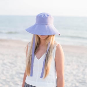 Bereit zum Versand / Leinen Sonnenhut / Leinenhut mit Riemen / Sommer Panama Hut / Leineneimerhut / Hut mit breiter Krempe