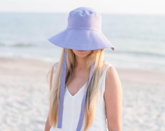 Ready To Ship/ Linen sun hat / Linen hat with straps / Summer Panama hat / Linen bucket hat / Wide brim hat