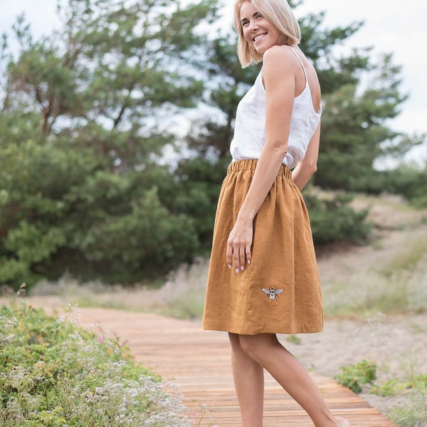 Midi linen skirt MAYA / Dusty mustard skirt linen / High waist linen skirt / Skirt with pockets / Women's linen skirt / Boho linen skirt