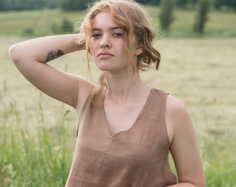 Linen tank top ANDY / Linen crop tank top / Basic linen top / Sleeveless top / Linen blouse / Cacao color top