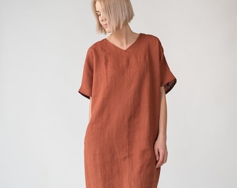 Loose linen dress JULY / Tunic dress in terracotta color /  Oversized linen dress in midi length / Plus size linen dress / Linen tunic