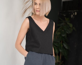 Linen top ANDY / Linen crop tank top / Basic linen top / Sleeveless top / Black linen blouse / 20 colors