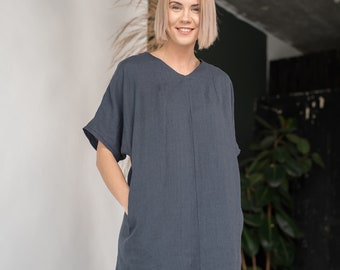 Linen tunic dress JULY / Relaxed fit tunic linen dress in dark grey color /  Maternity linen dress in midi length / Plus size dress