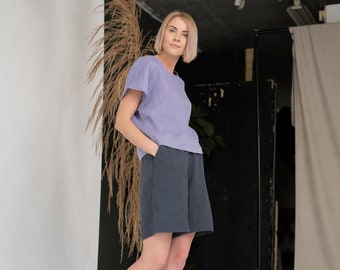 Minimal linen shorts KAJA / Dark grey linen shorts / Elegant linen shorts with pockets / Summer shorts / High waist shorts