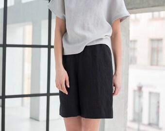 Short minimaliste en lin KAJA / Short en lin noir / Short en lin basique / Short d'été en lin / Short taille haute