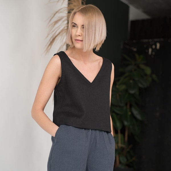 Linen top ANDY / Linen crop tank top / Basic linen top / Sleeveless top / Black linen blouse / 20 colors