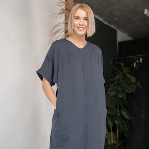 Linen tunic dress JULY / Relaxed fit tunic linen dress in dark grey color /  Maternity linen dress in midi length / Plus size dress