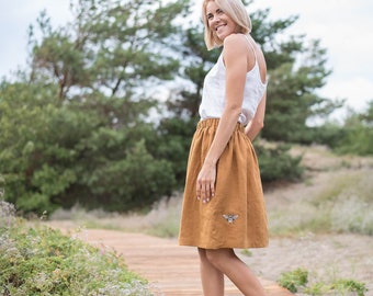 Midi linen skirt MAYA / Dusty mustard skirt linen / High waist linen skirt / Skirt with pockets / Women's linen skirt / Boho linen skirt