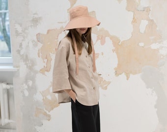 Linen sun hat / Linen hat with straps / Summer panama hat / Wide brim hat