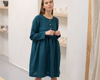 Linen dress KOPA / MIDI linen dress / Maternity dress with buttons / Long sleeves linen dress / Loose fit dress in emerald green