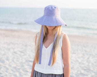 Linen sun hat / Linen hat with straps / Summer panama hat / Linen bucket hat / Wide brim hat